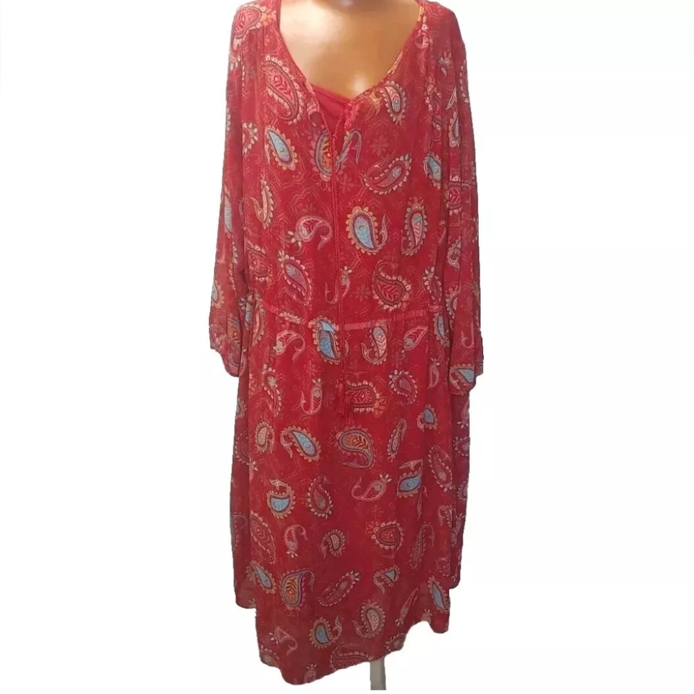 Woman Within Sheer Maxi Dress Woman Sz 28W 5X Red Slip Liner Pailsey Floral 2Pc